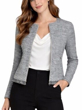 Banana Republic Tweed Fringe Lady Jacket Size 0 Grey Zip Front Blazer Workwear